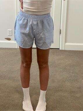 Blue White Striped Boxer Shorts Seersucker Elastic Waist Size S